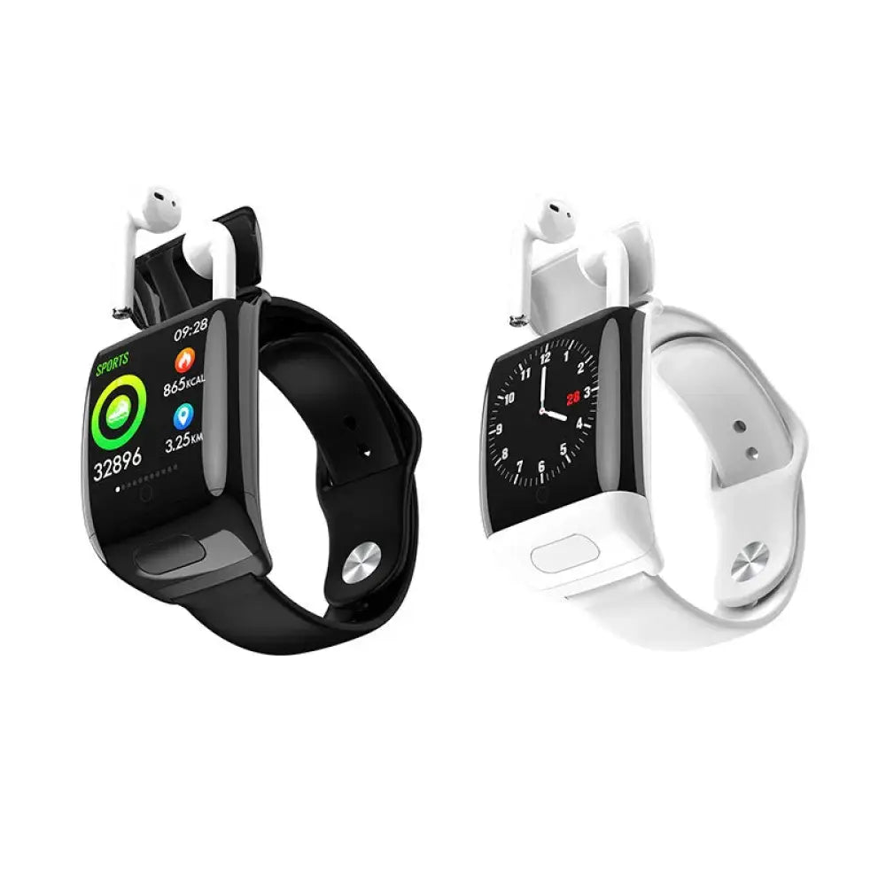 Black and white 2-in-1 multi-sport smartwatches with integrated wireless earbuds and sleek rectangular fitness displays