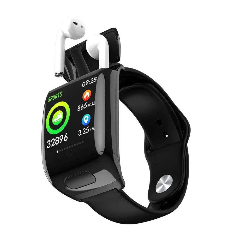 Black 2-in-1 multi-sport smartwatch with sleek curved screen displaying sports metrics and white wireless earbuds docked