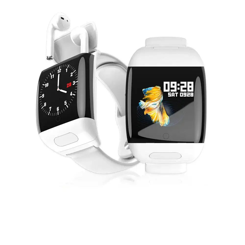 White 2-in-1 multi-sport smartwatch with rectangular screen displaying colorful fish wallpaper and integrated wireless earbuds