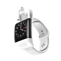 White 2-in-1 multi-sport smartwatch with rectangular black screen and integrated wireless earbuds in matching charging case