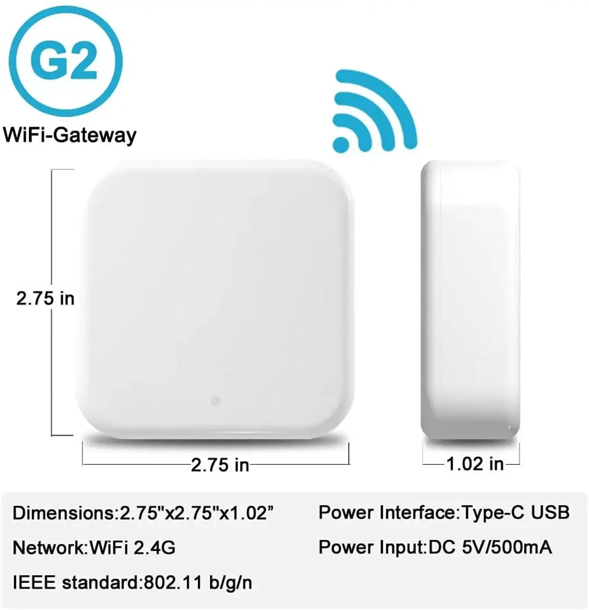 White square-shaped smart wifi gateway for Ttlock app with rounded edges and USB-C power interface supporting IEEE 802.11