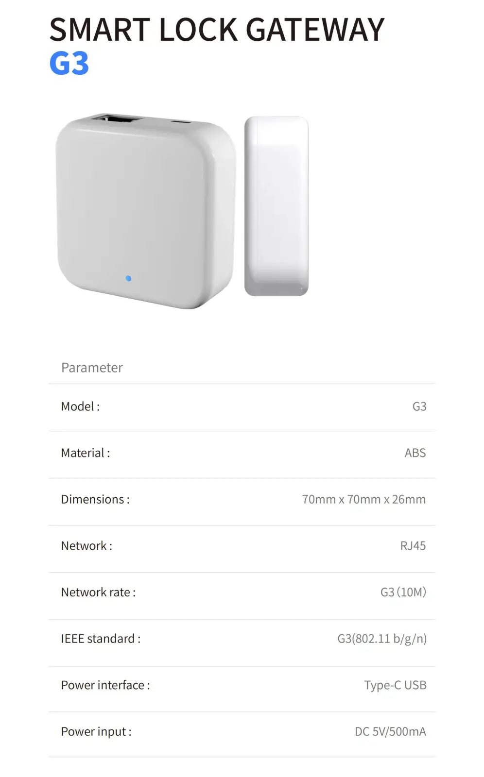 White ABS plastic smart wifi gateway G3 with sleek design and blue LED indicator for Ttlock app connectivity