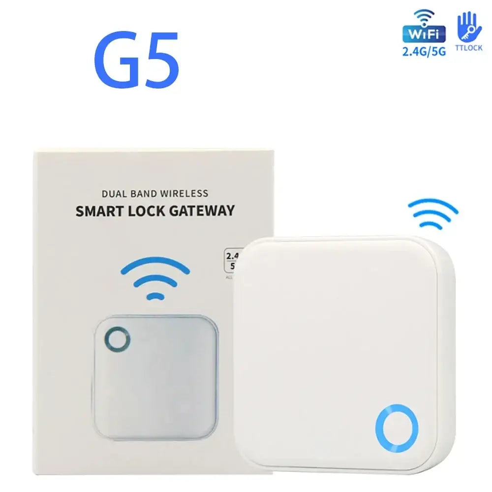 White rectangular g5 dual band wireless smart lock gateway with blue logo and wifi 2.4g 5g for ttlock app connectivity