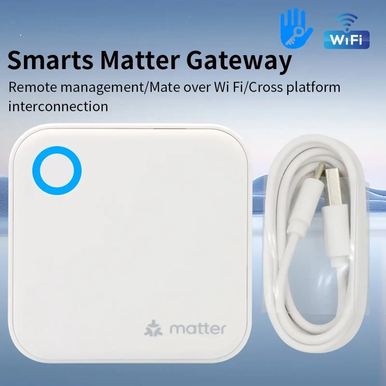 White rectangular smart wifi gateway for Ttlock app with blue indicator light and white charging cable displaying matter logo