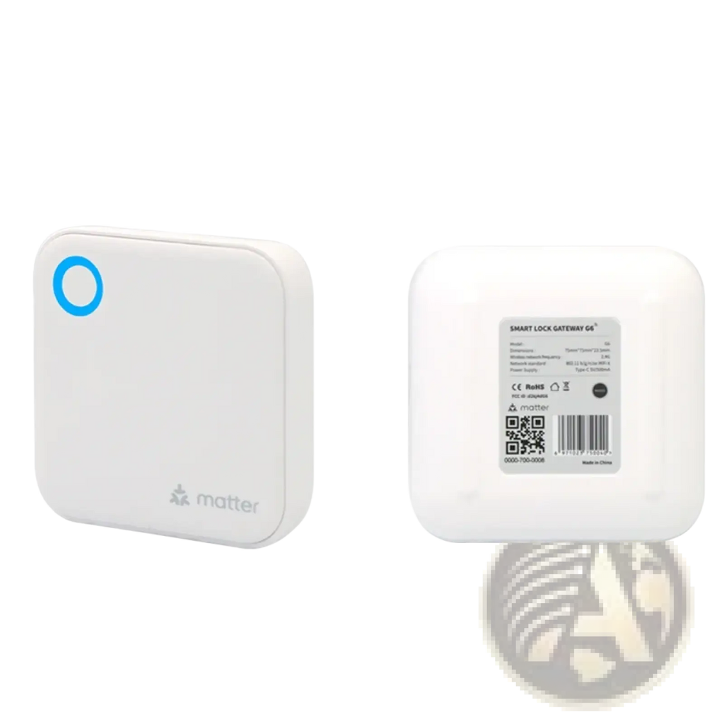 White square smart wifi gateway with blue indicator light and matter branding for ttlock app connectivity