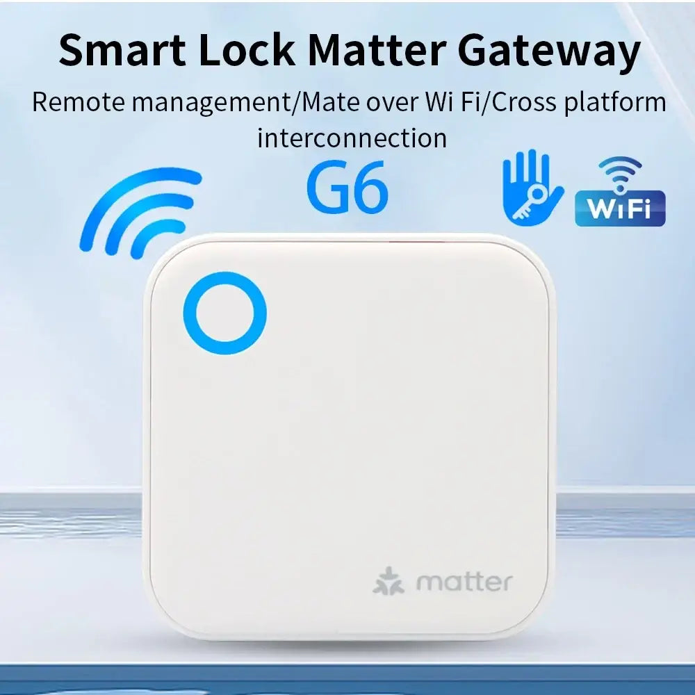White square smart wifi gateway with blue matter logo for ttlock app connectivity and smart home integration