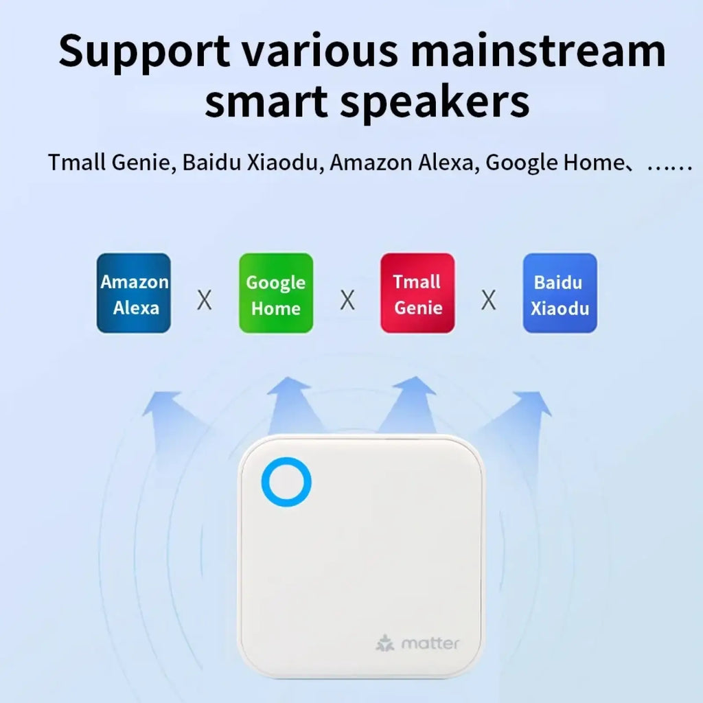 White square-shaped smart wifi gateway hub with blue circular button and matter branding for Ttlock app use