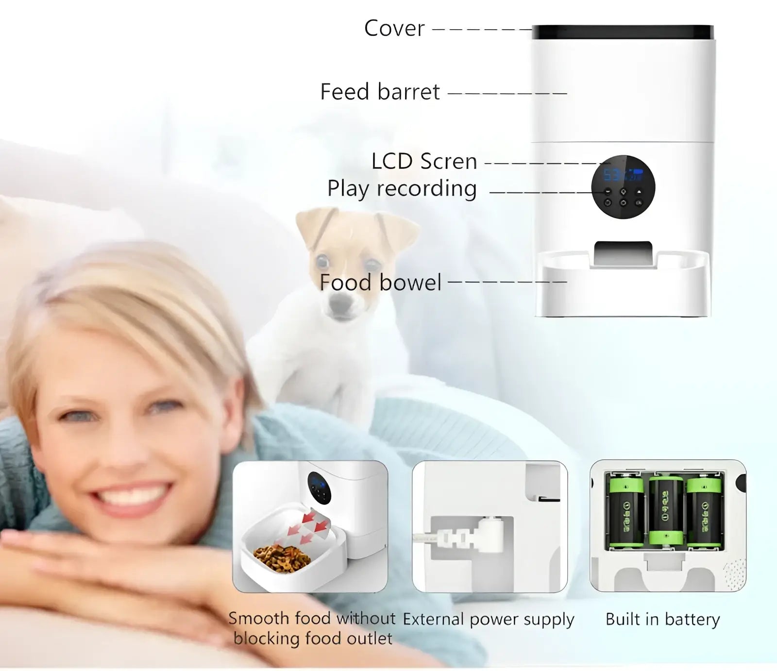 Smart wifi pet feeder 4.5l for cats and dogs with white body black circular lcd screen and integrated food bowl