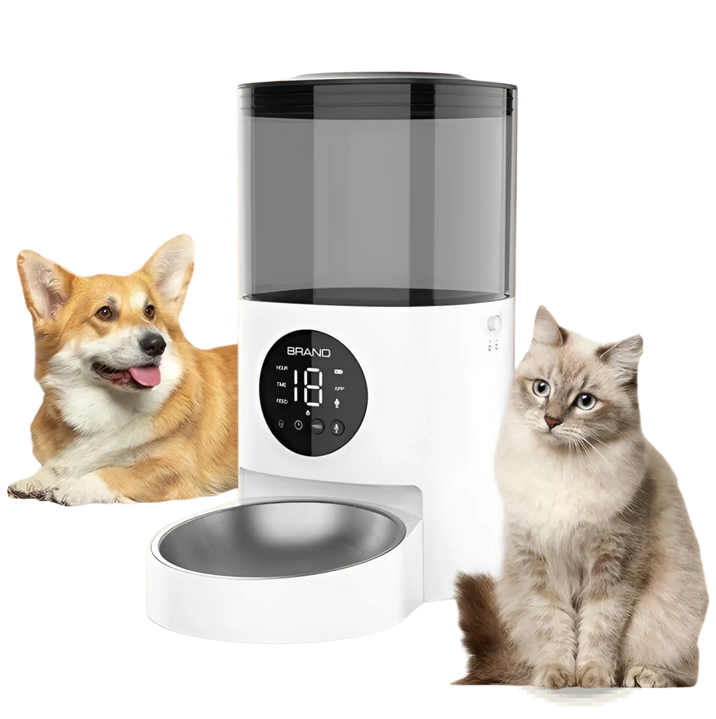 White smart wifi pet feeder for cats and dogs with transparent upper compartment and black control panel showing 18