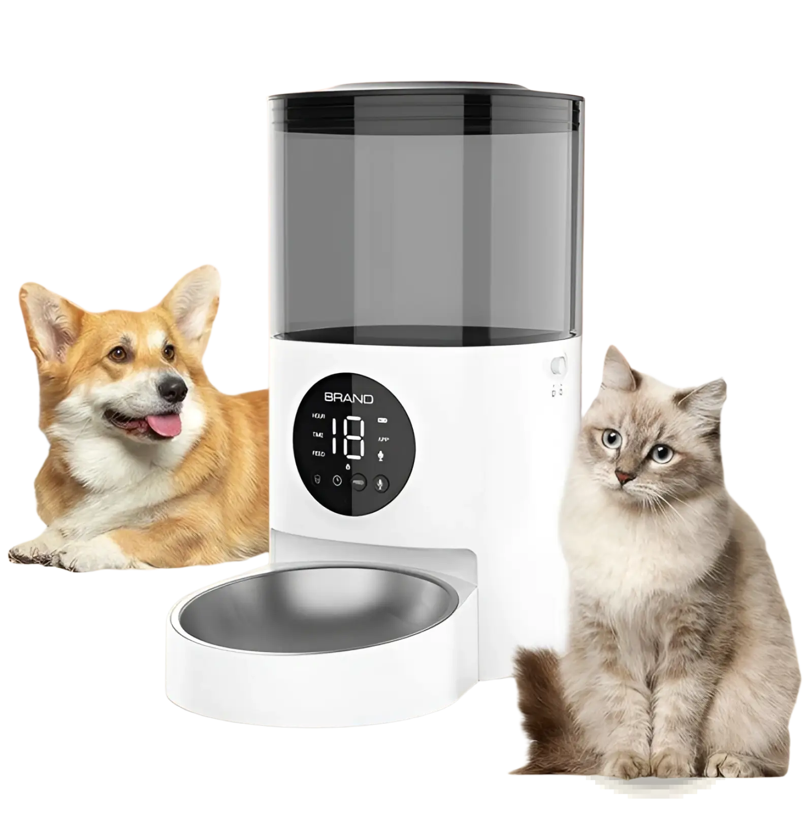 White smart wifi pet feeder for cats and dogs with transparent upper compartment and black control panel showing 18