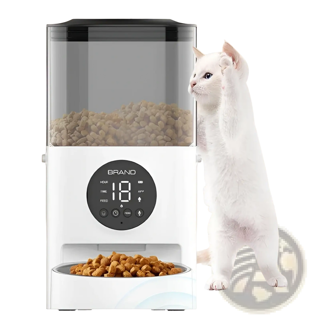 White smart wifi pet feeder with transparent kibble compartment and circular control panel displaying number 18