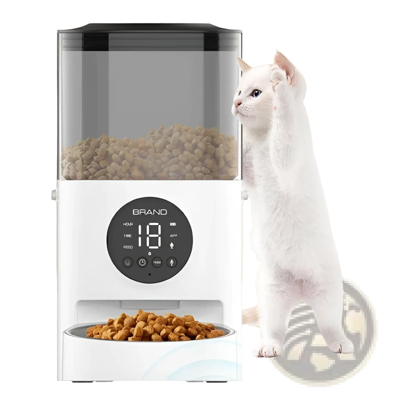 White smart wifi pet feeder with transparent kibble compartment and circular control panel displaying number 18