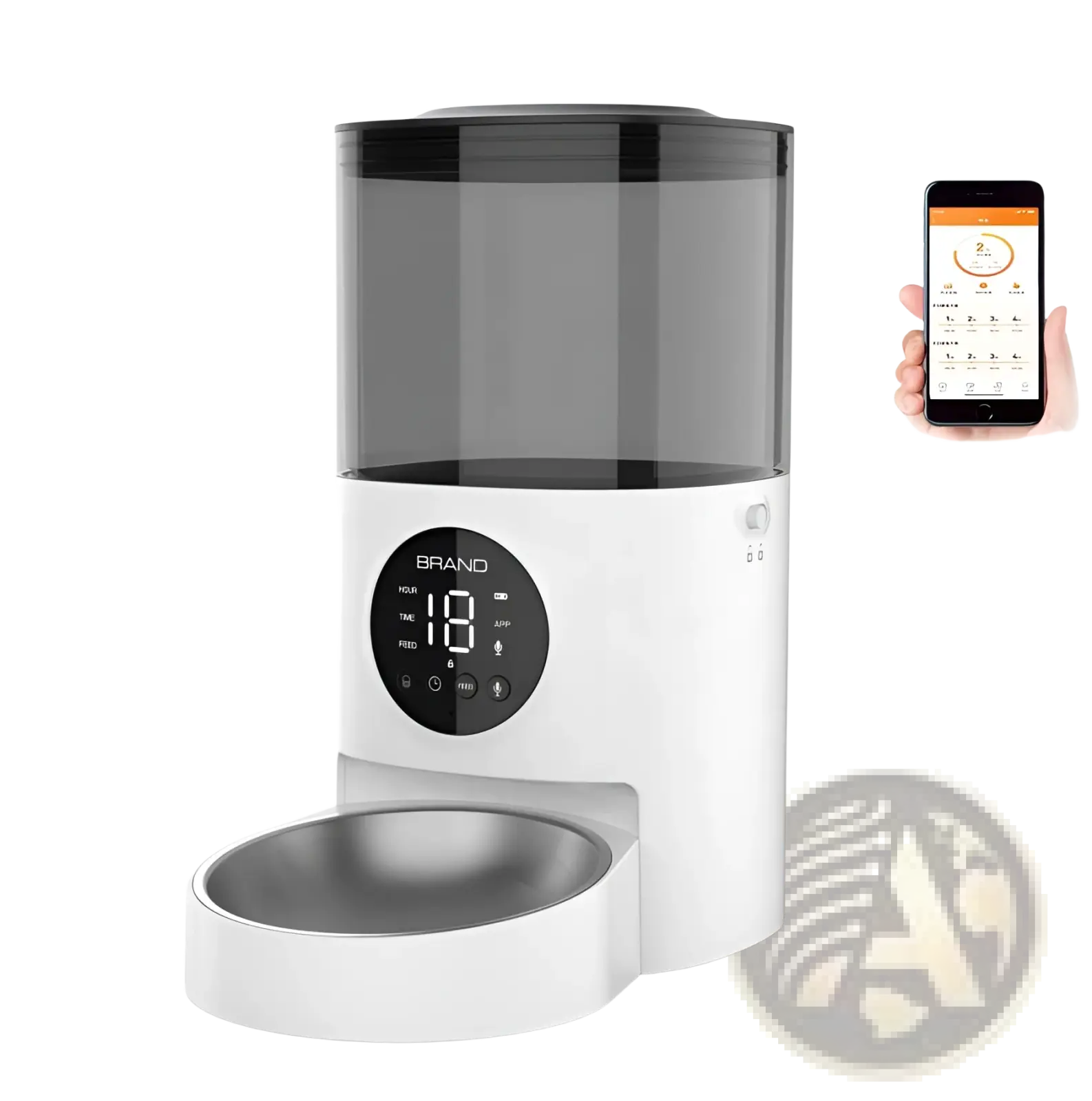 Smart wifi pet feeder 4.5l with white body transparent gray food reservoir and digital display for cats and dogs