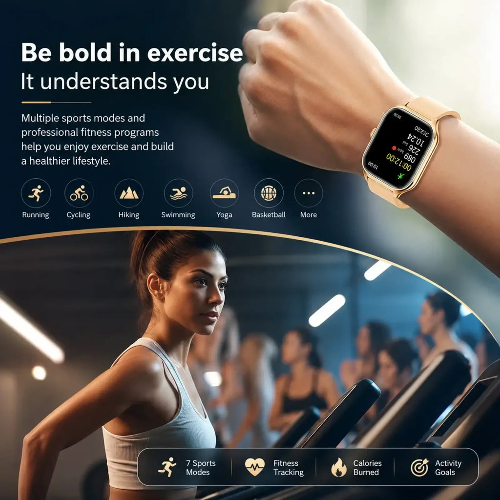 Gold-tone smartwatch 2.01 hd fitness tracker with rectangular digital display showing fitness metrics and bluetooth call