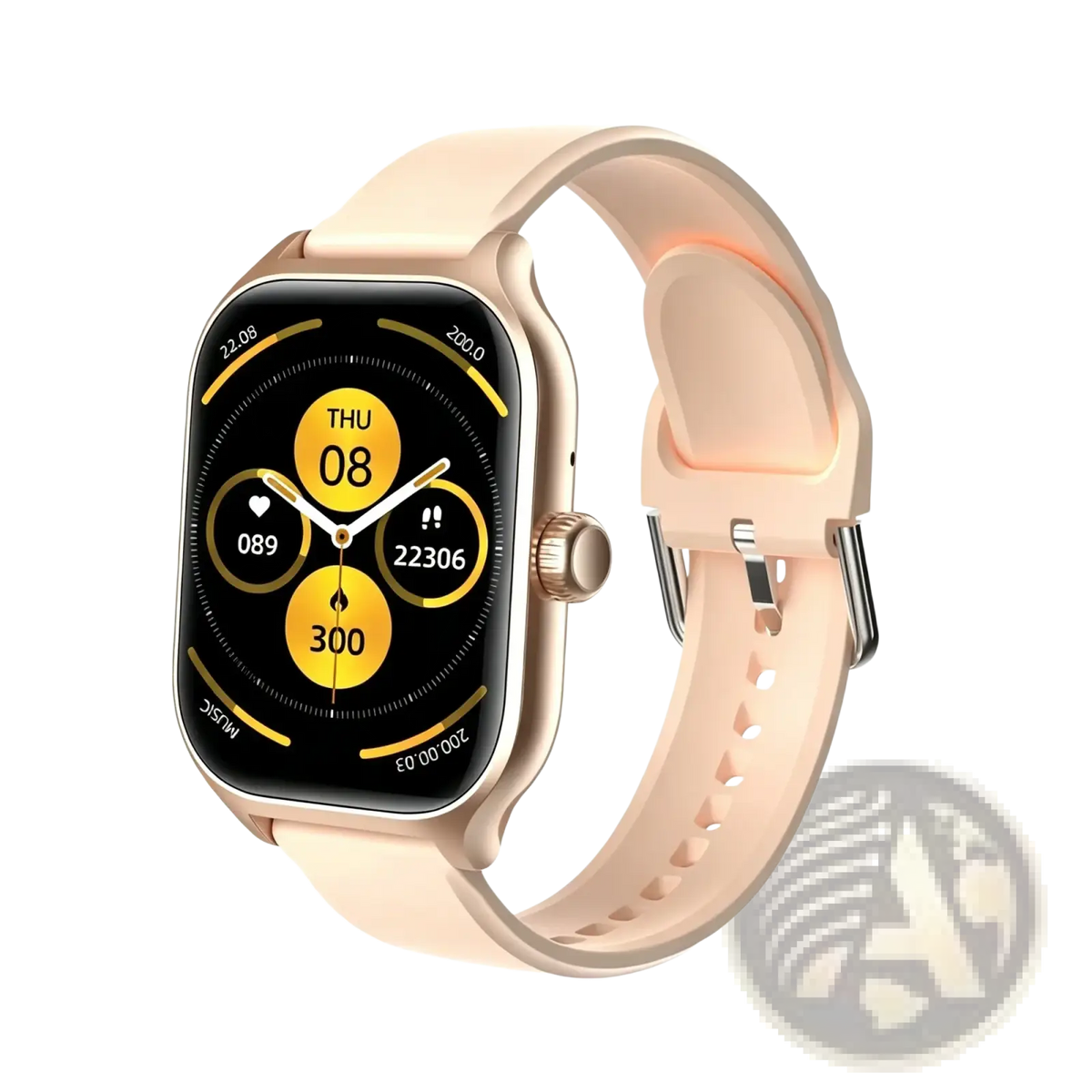 A sleek rose gold smartwatch 2.01 hd fitness tracker with peach silicone strap and rectangular fitness display