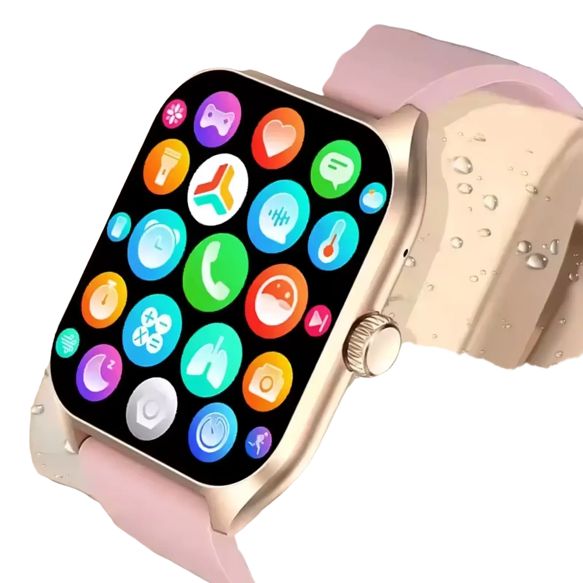 A sleek 2.01-inch smartwatch with rose gold metallic case and pink silicone strap displaying colorful app icons