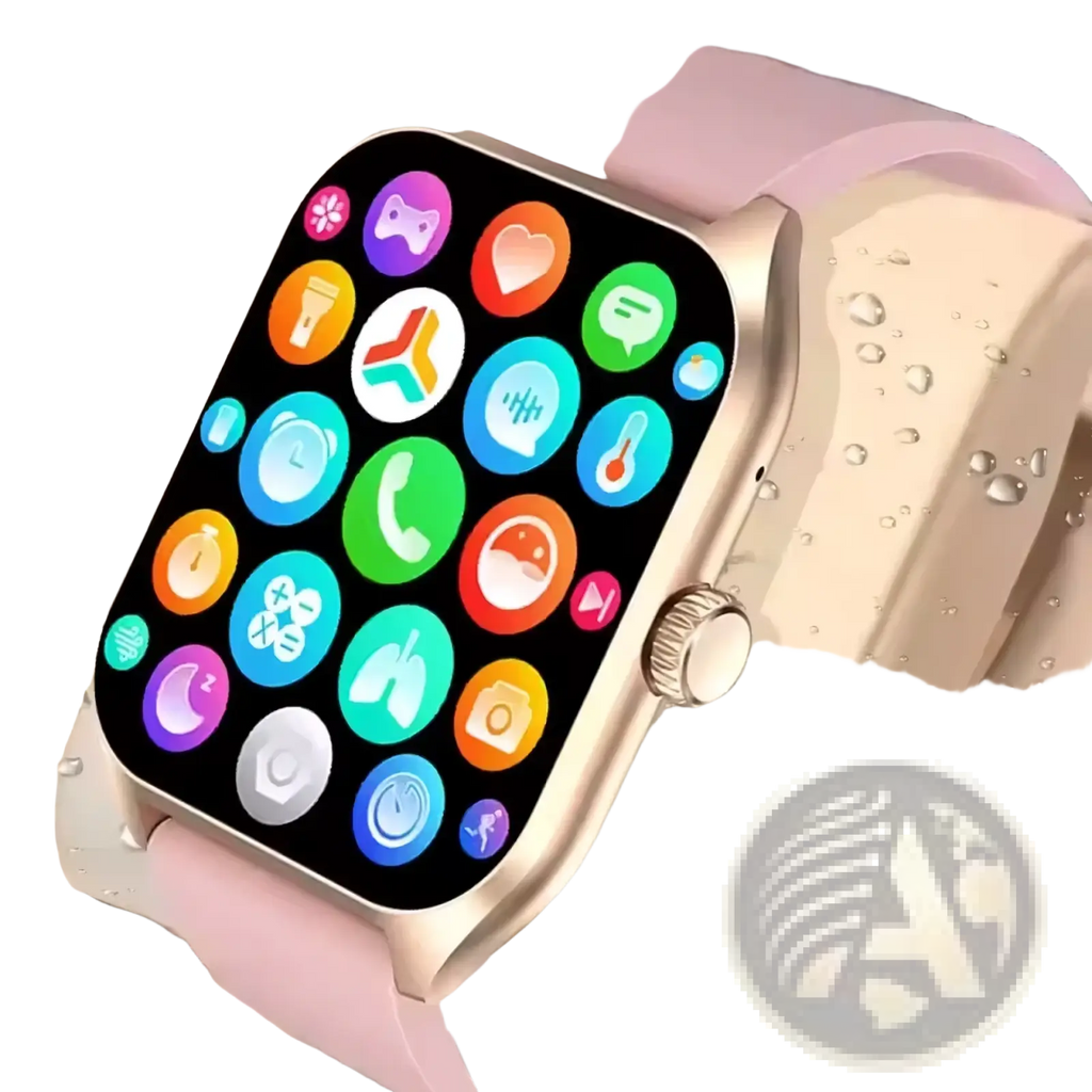 A sleek 2.01-inch smartwatch with rose gold metallic case and pink silicone strap displaying colorful app icons