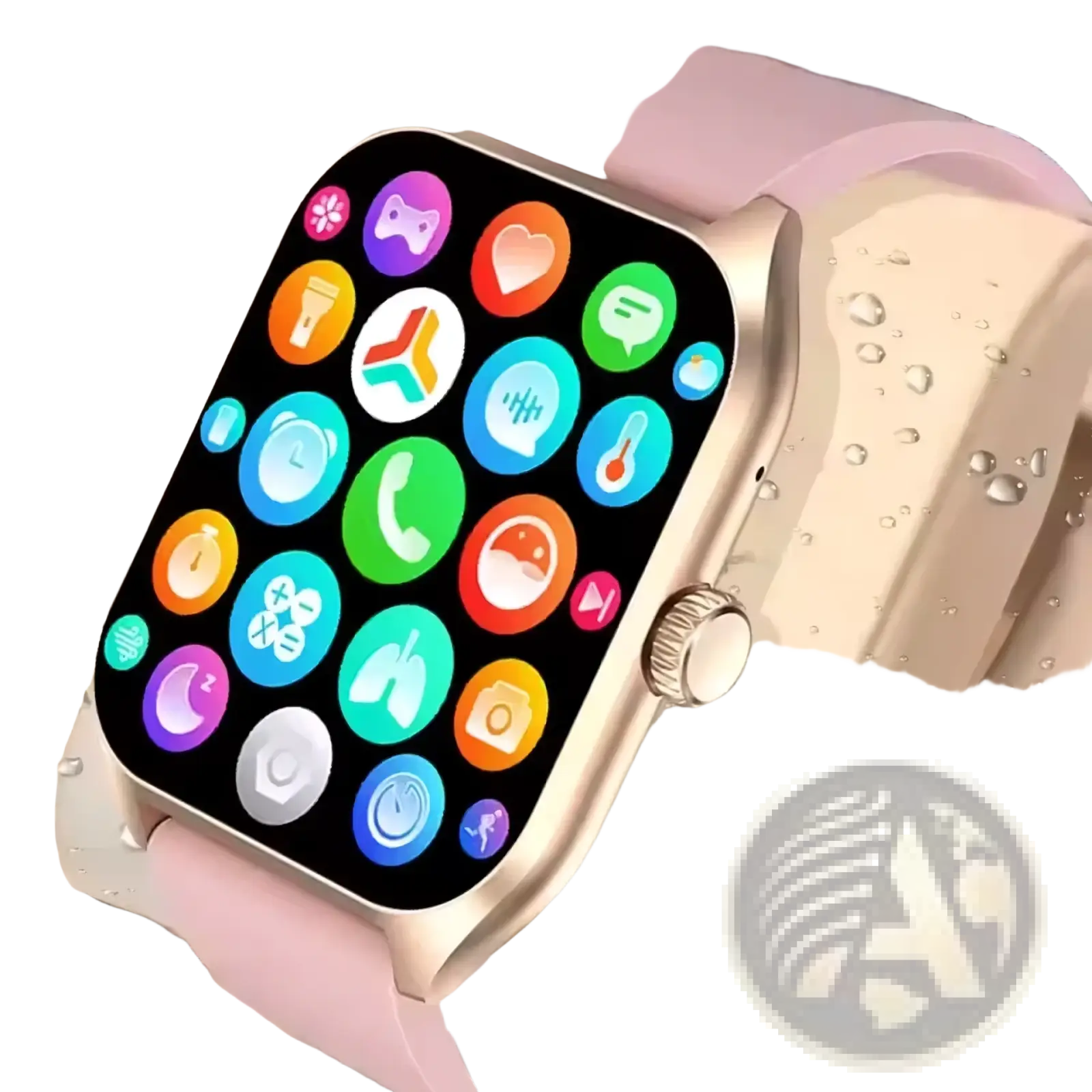 A sleek 2.01-inch smartwatch with rose gold metallic case and pink silicone strap displaying colorful app icons