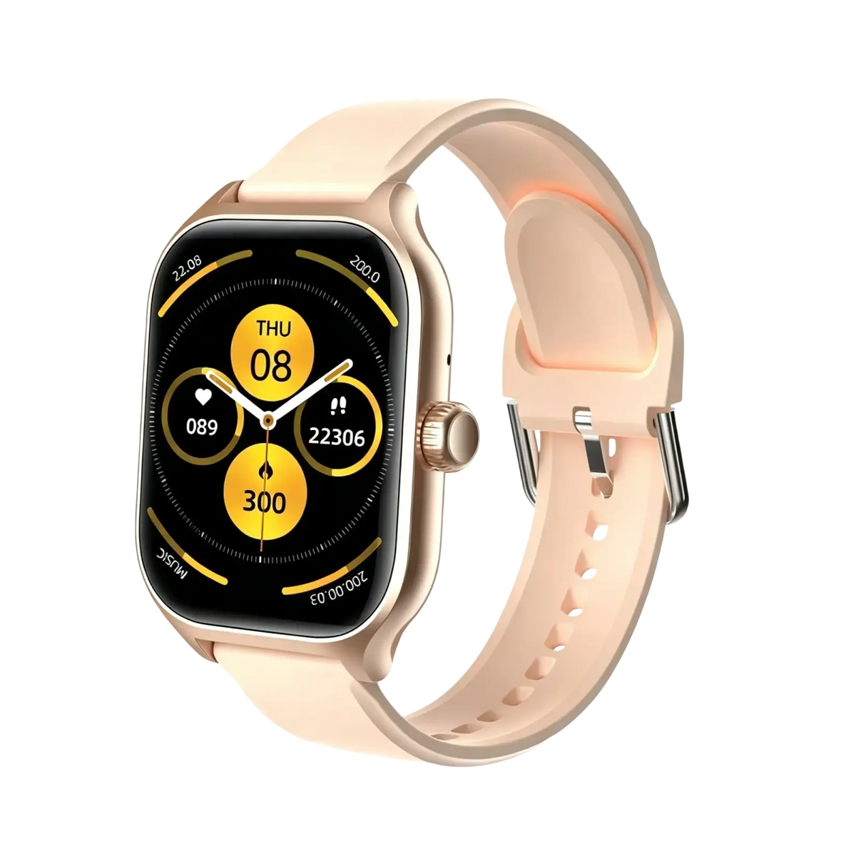 A sleek rose gold smartwatch 2.01 hd fitness tracker with peach silicone strap and rectangular fitness display