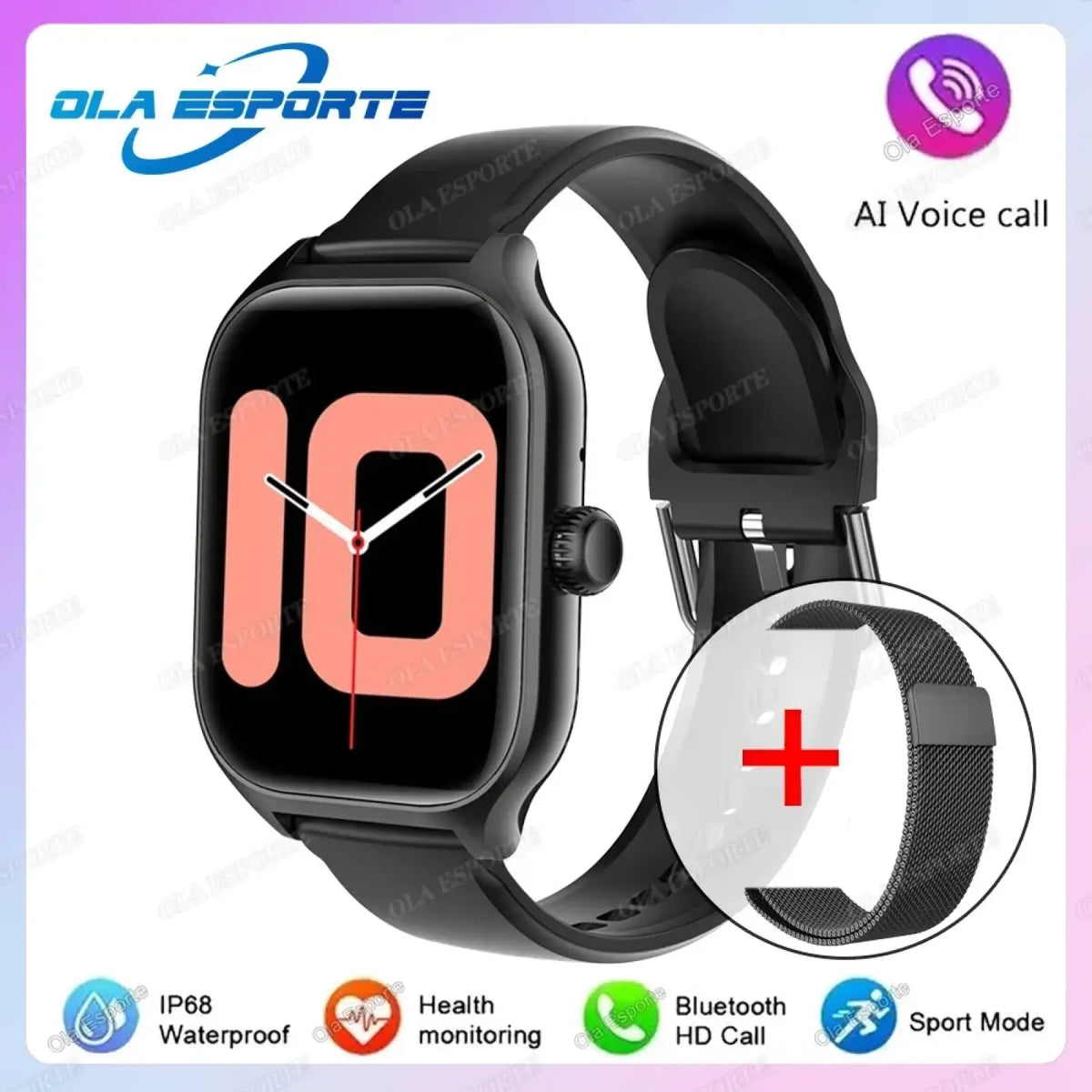Black ola esporte smartwatch with rectangular screen showing pink digital time and black mesh strap for fitness tracking