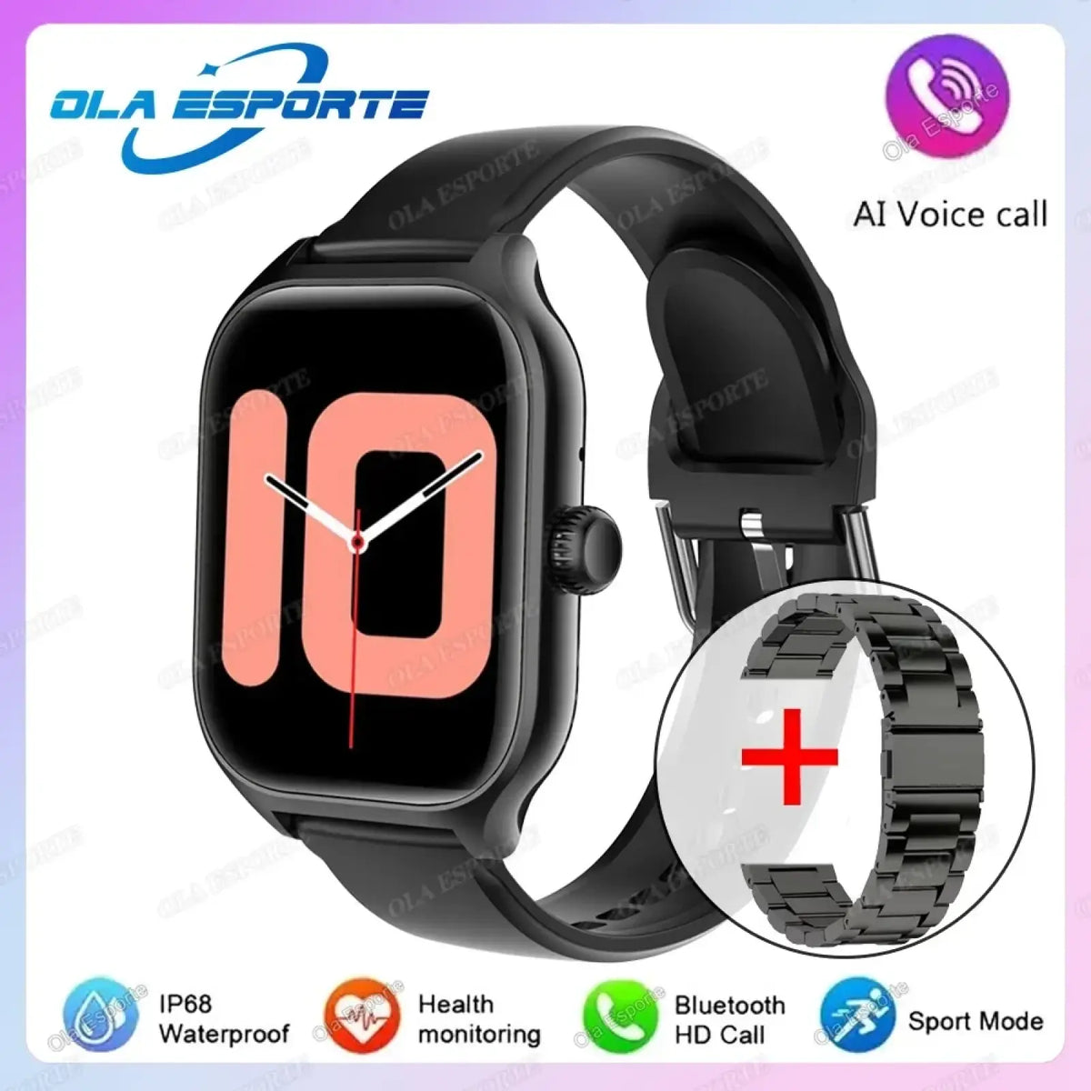 Black ola esporte smartwatch with rectangular screen, bold pink numerals, black silicone strap, Bluetooth call fitness tracker