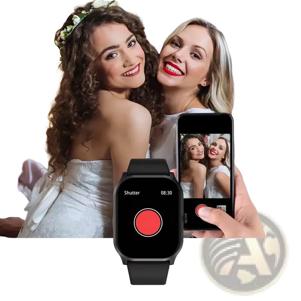 Black smartwatch with circular red shutter button on screen and matching black strap for bluetooth call and fitness tracking