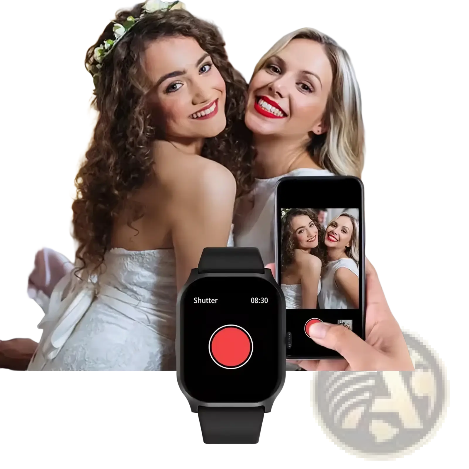 Black smartwatch with circular red shutter button on screen and matching black strap for bluetooth call and fitness tracking