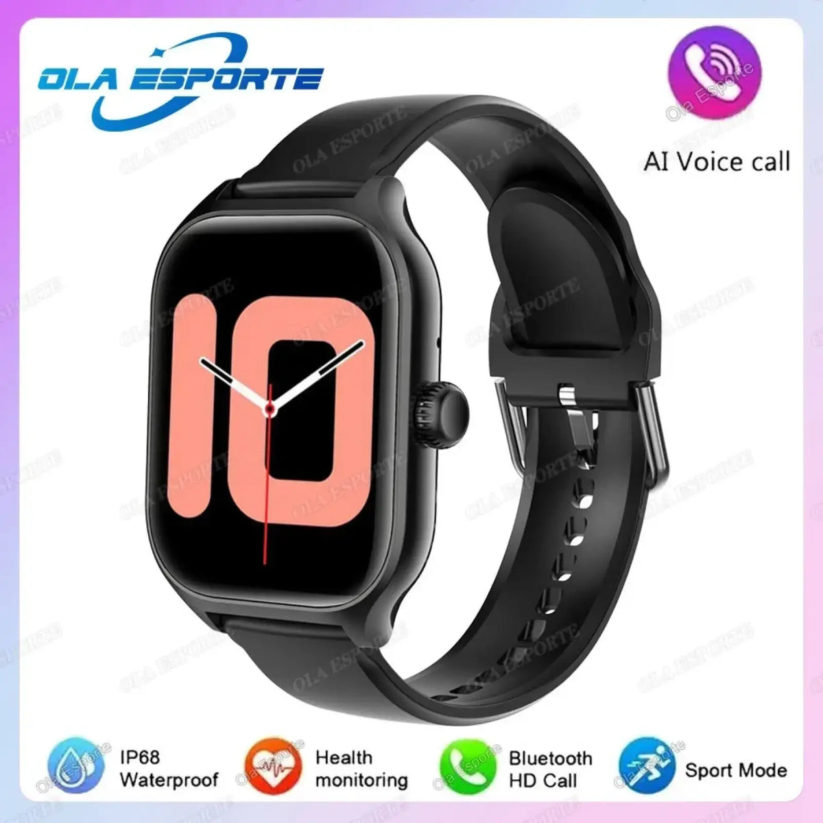 Black ola esporte smartwatch with bluetooth call, fitness tracker, bold pink time, and black silicone strap for android ios