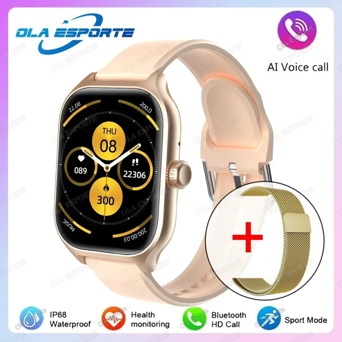 Beige ola esporte smartwatch with gold-tone case and mesh band showing time steps heart rate fitness tracker metrics