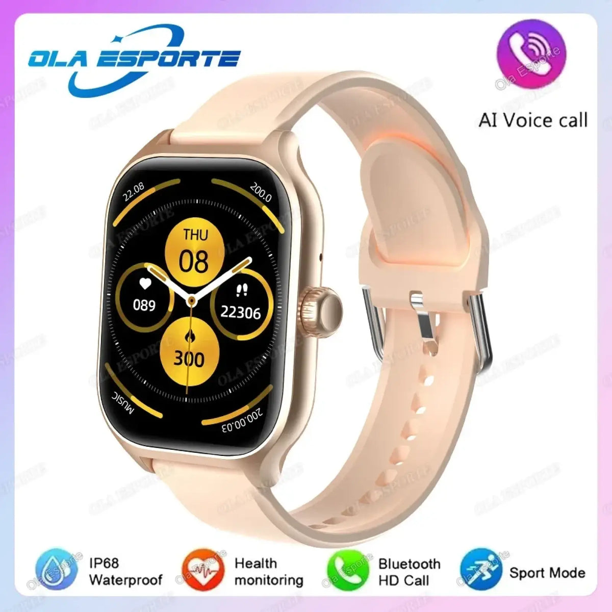 Beige silicone strap smartwatch with gold-tone case and touchscreen displaying fitness metrics for android and ios