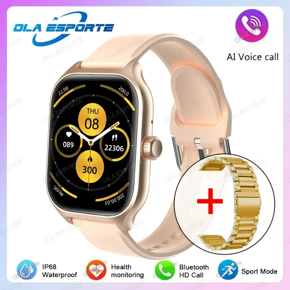 Gold-tone smartwatch with beige silicone strap and rectangular digital display showing health metrics for Android and iOS