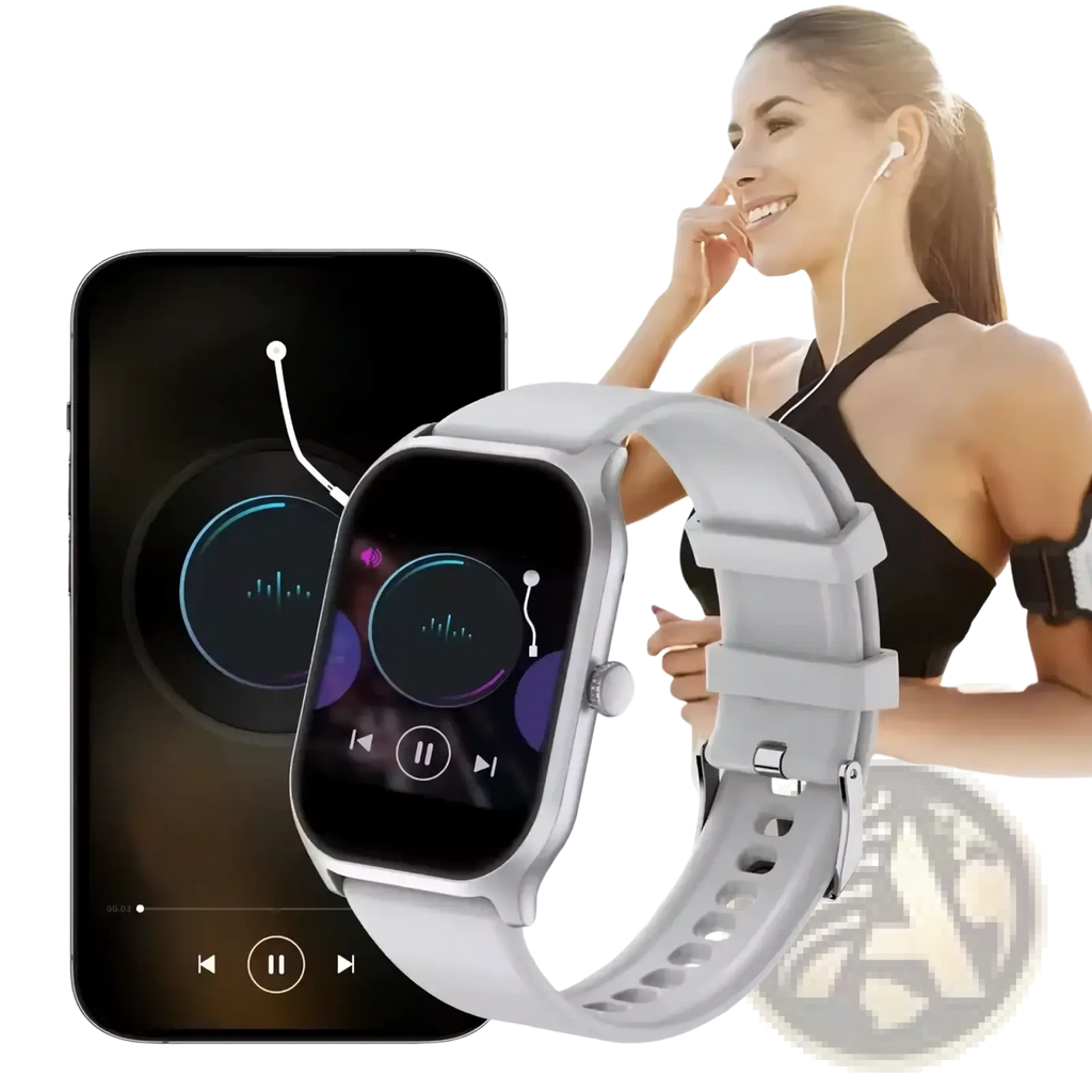 Light gray smartwatch with rectangular screen showing music controls and matching silicone strap for fitness tracking and calls