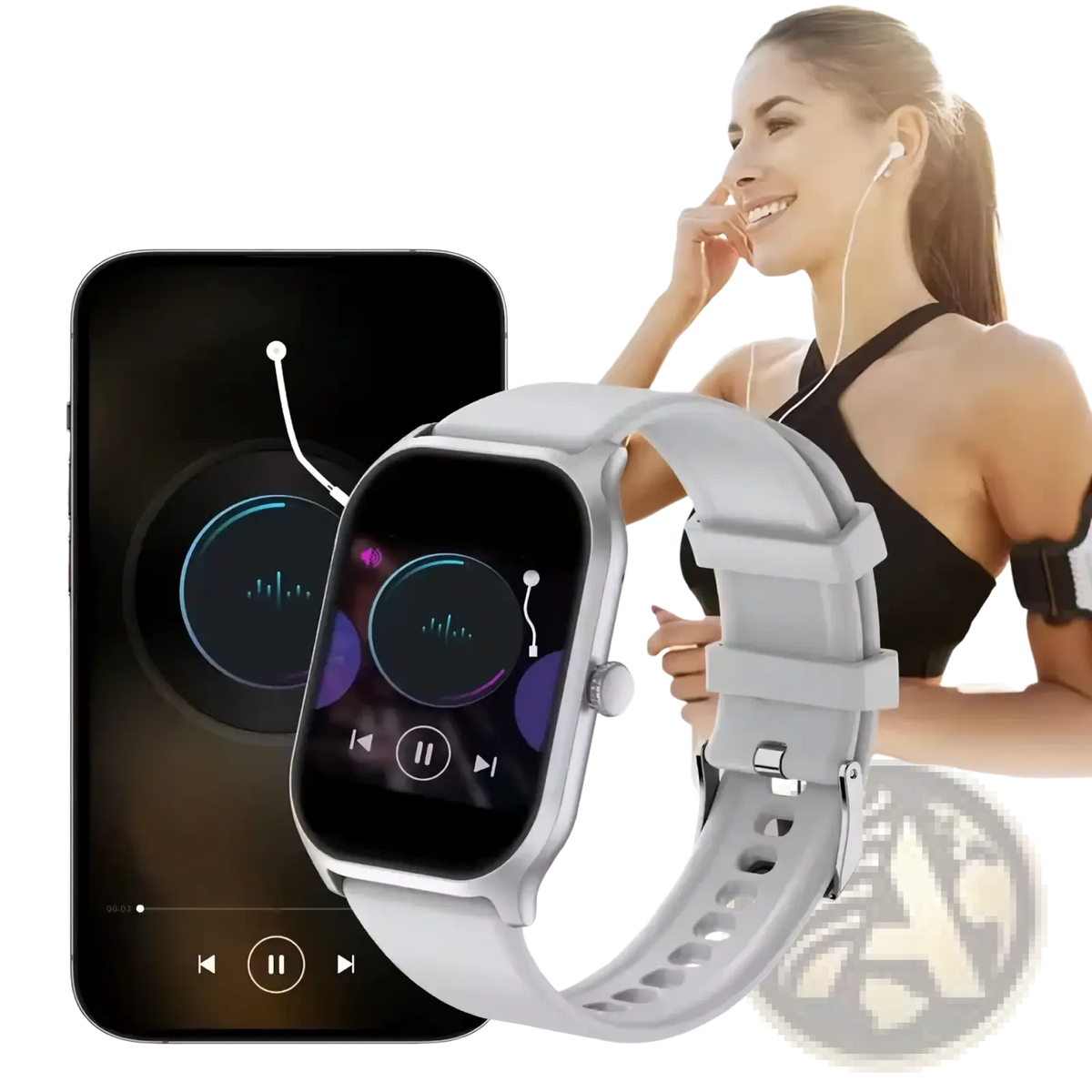Light gray smartwatch with rectangular screen showing music controls and matching silicone strap for fitness tracking and calls