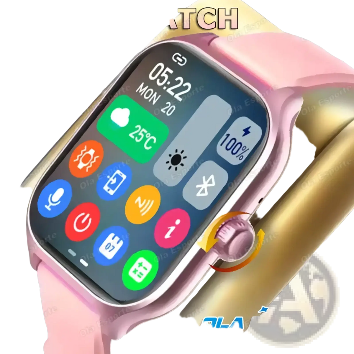 Pink silicone strap smartwatch with rectangular screen showing colorful app icons and 100% battery for android ios fitness tracking and Bluetooth calls