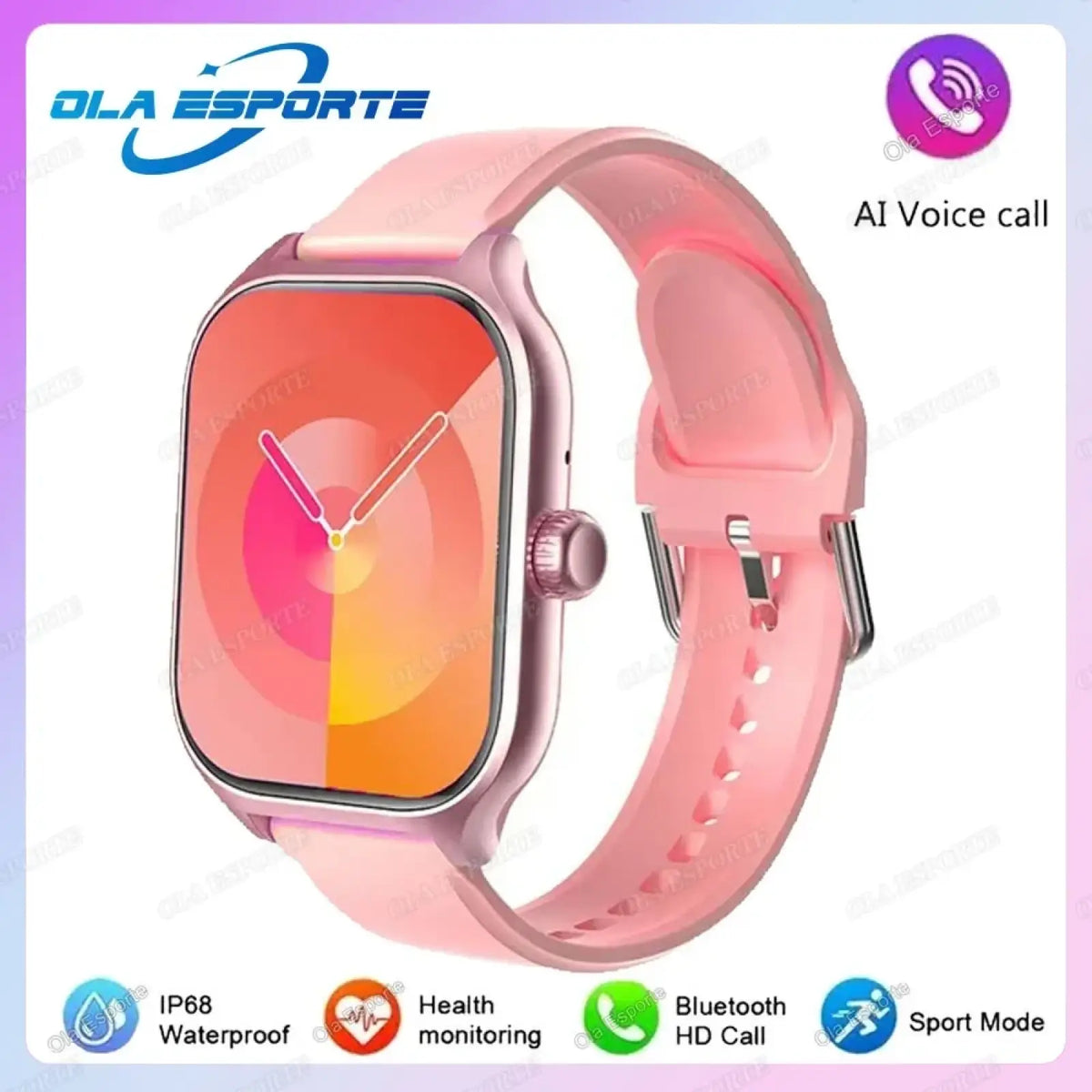 Pink silicone strap smartwatch with rose gold-tone case and ai voice call features from ola esporte for android ios