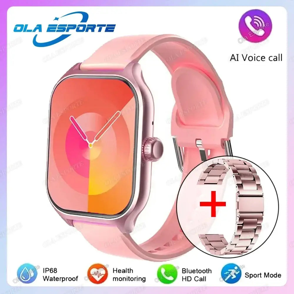 Pink silicone smartwatch band with rose gold-tone clasp and matching Bluetooth call fitness tracker for android ios