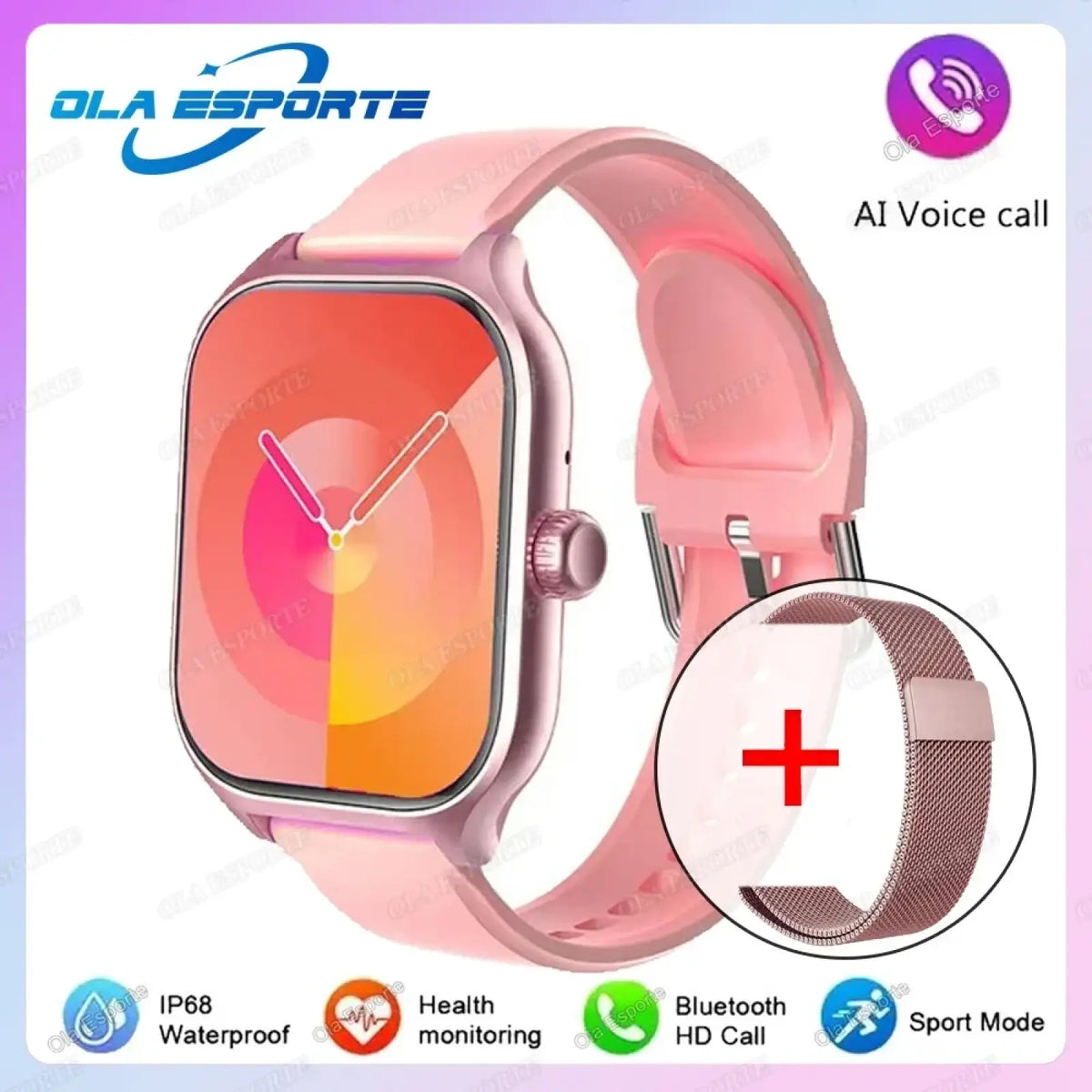 Pink silicone smartwatch with rose gold accents and colorful gradient display featuring a mesh band for fitness tracking and calls