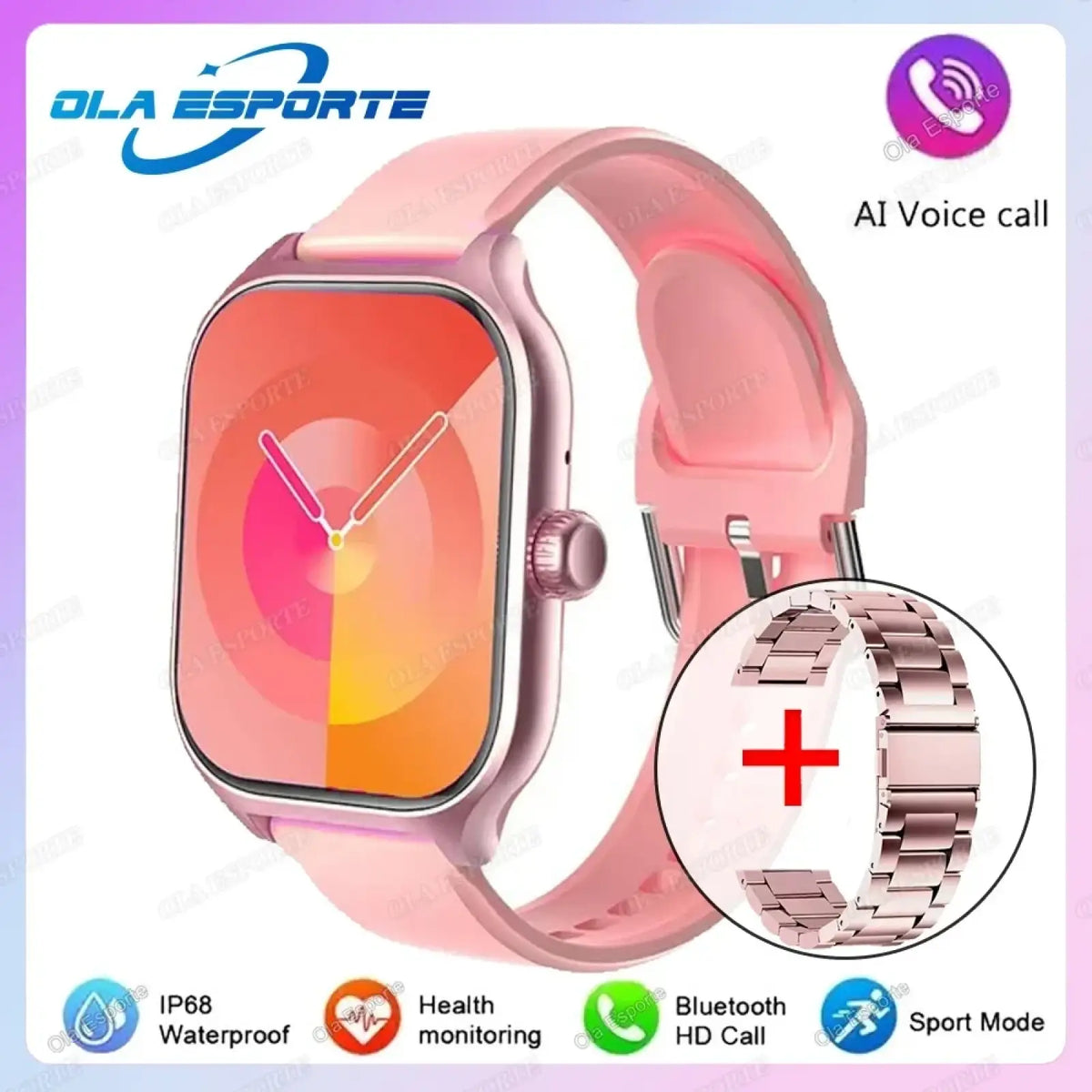 Pink silicone smartwatch band with rose gold-tone clasp and matching Bluetooth call fitness tracker for android ios