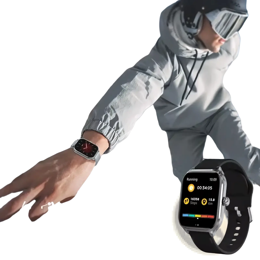 Silver-framed smartwatch with black strap and red digital display featuring multiple sport modes for running metrics on Android and iOS