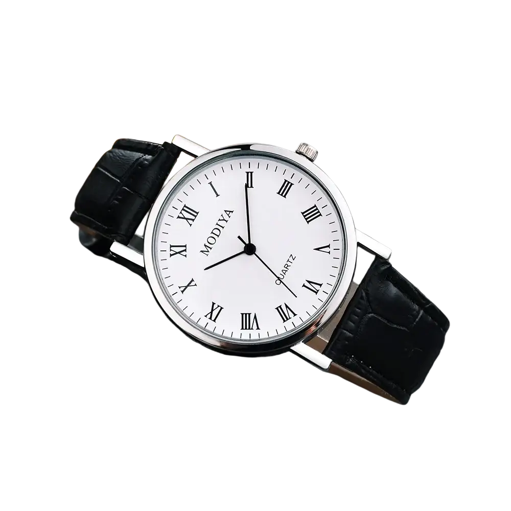 Silver-toned analog quartz watch with white dial black roman numerals and black leather strap for smartwatch Bluetooth call fitness tracker Android iOS
