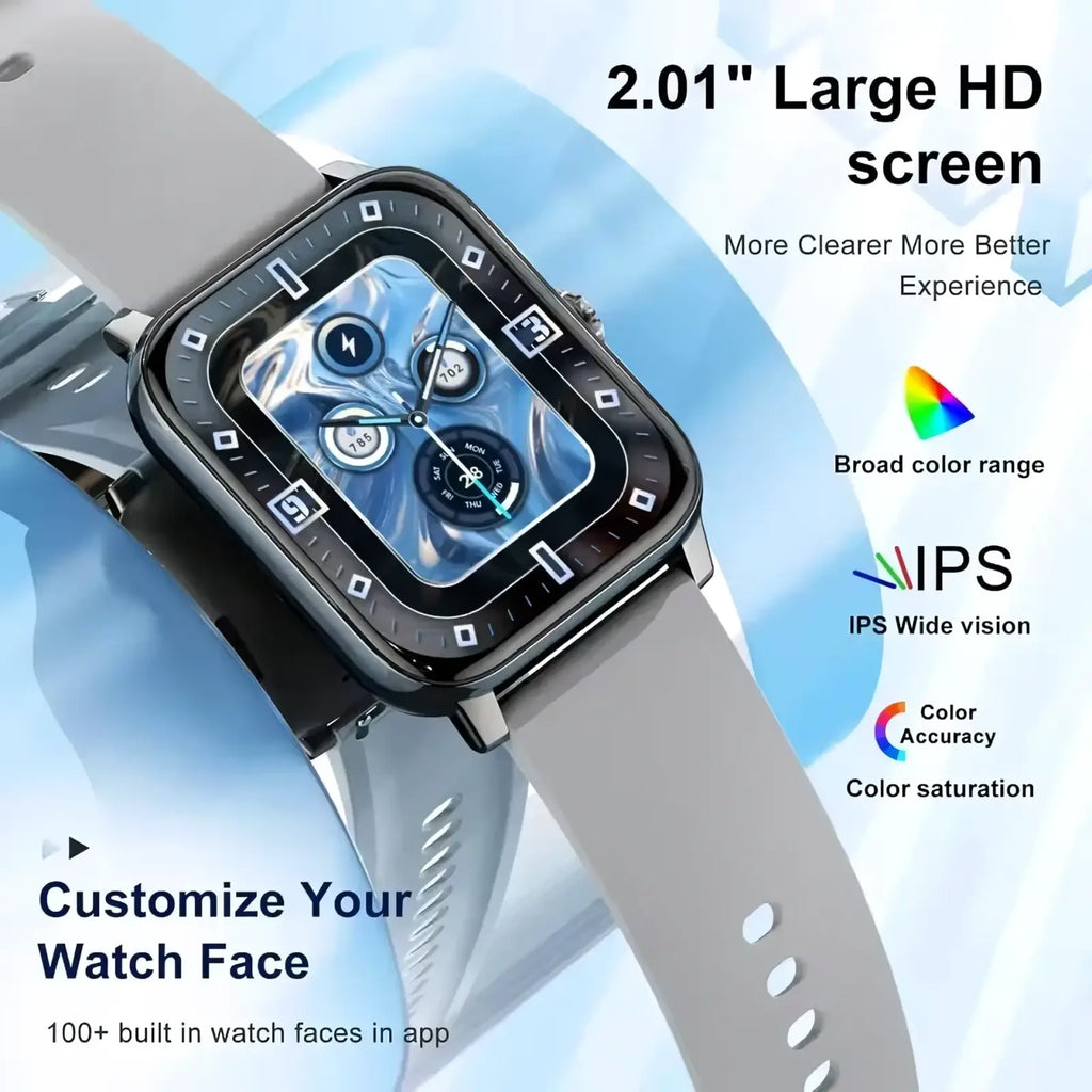 A sleek smartwatch Bluetooth call fitness tracker with 2.01-inch hd screen, black bezel, and light gray silicone strap