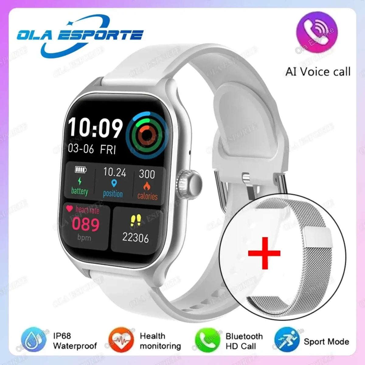 White ola esporte smartwatch with rectangular screen displaying fitness metrics and white silicone strap for android ios use