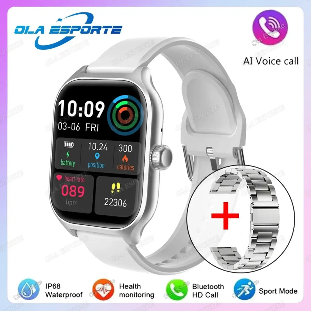 White silicone strap smartwatch with silver metallic band included featuring Bluetooth call and fitness tracking for Android iOS
