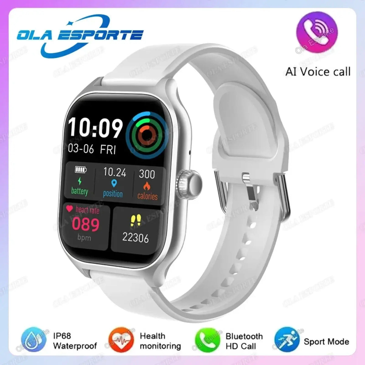 White ola esporte smartwatch with metallic bezel and silicone strap showing fitness metrics for android ios users