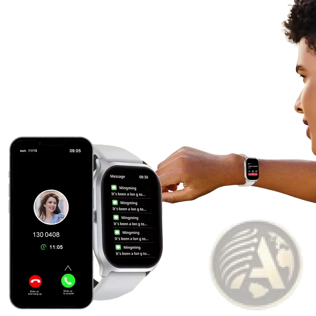 White smartwatch with sleek rectangular face and matching band featuring bluetooth call and fitness tracker for android ios
