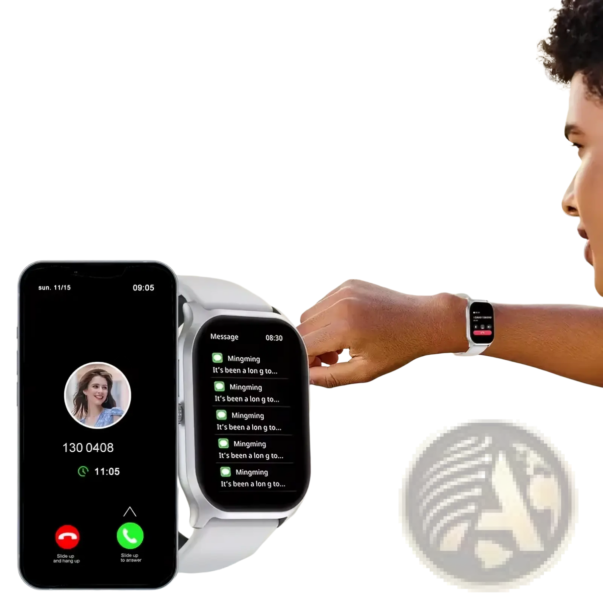 White smartwatch with sleek rectangular face and matching band featuring bluetooth call and fitness tracker for android ios