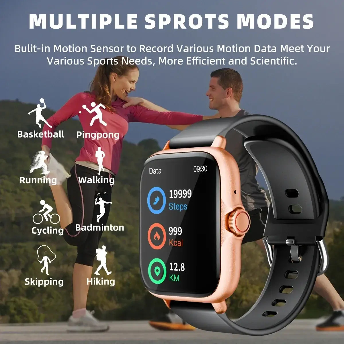 Smartwatch bluetooth fitness tracker rose gold with black silicone band displaying step count calories and distance traveled