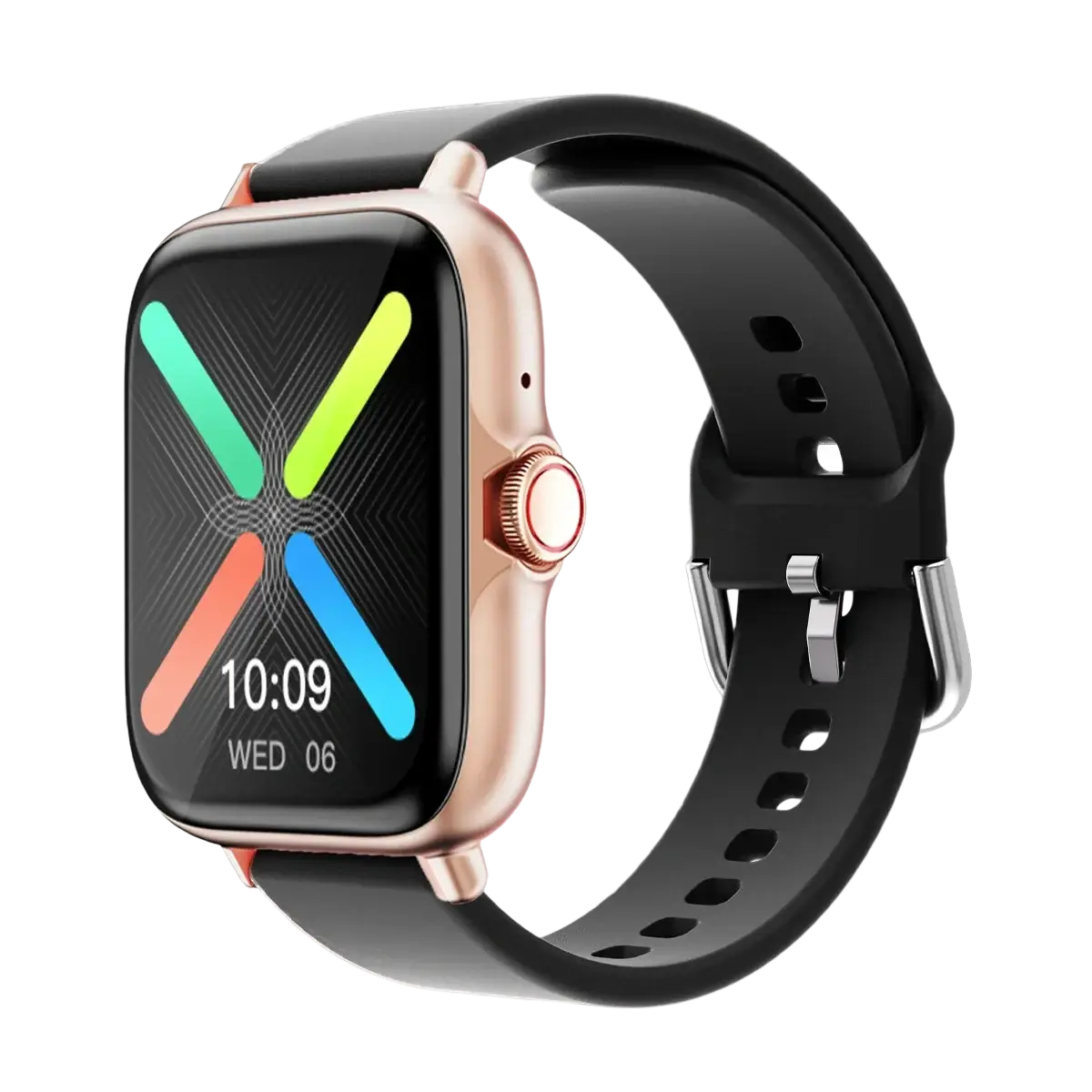 Rose gold smartwatch with black silicone strap and colorful abstract display equipped with Bluetooth fitness tracking