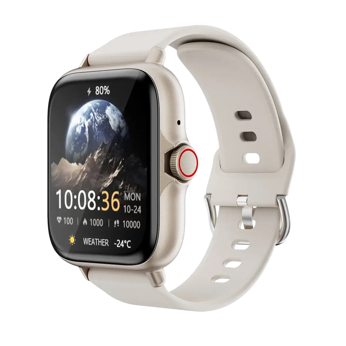 Beige smartwatch bluetooth fitness tracker with sleek metallic case, matching silicone strap, and red-accented circular crown