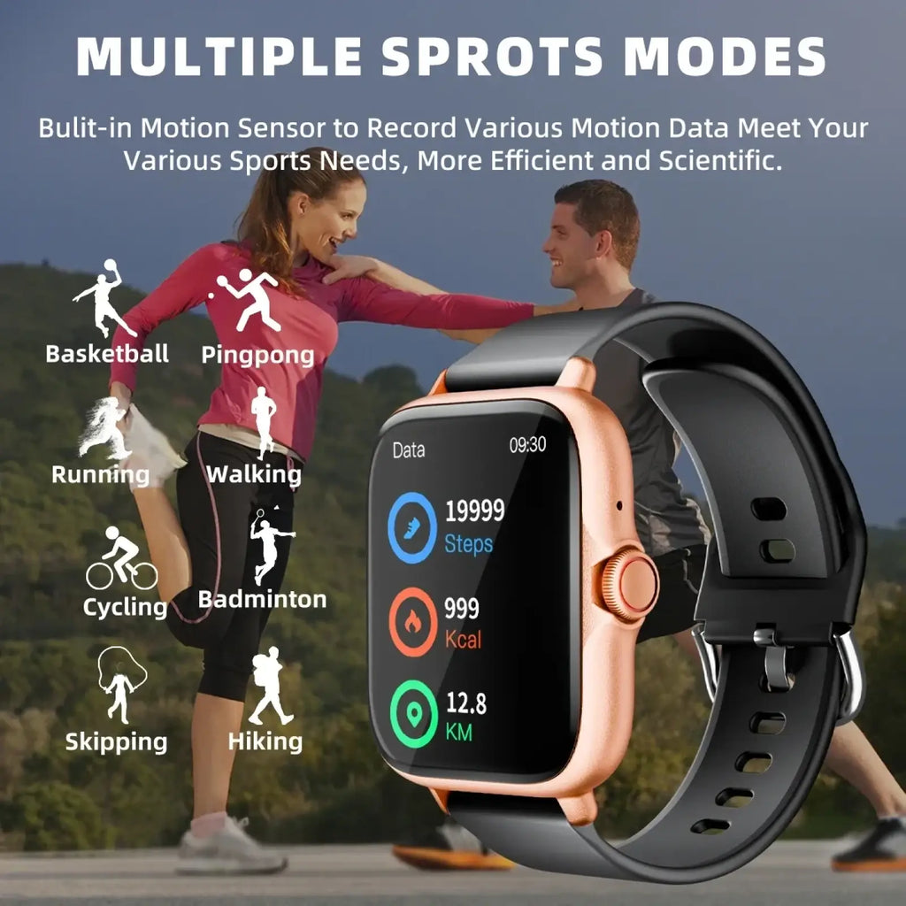 Smartwatch bluetooth fitness tracker rose gold with black silicone band displaying step count calories and distance traveled